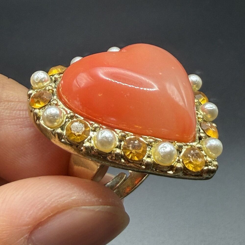 Adjustable Orange Coral Heart Ring Gold Tone Pearl Rhinestone Statement Vintage